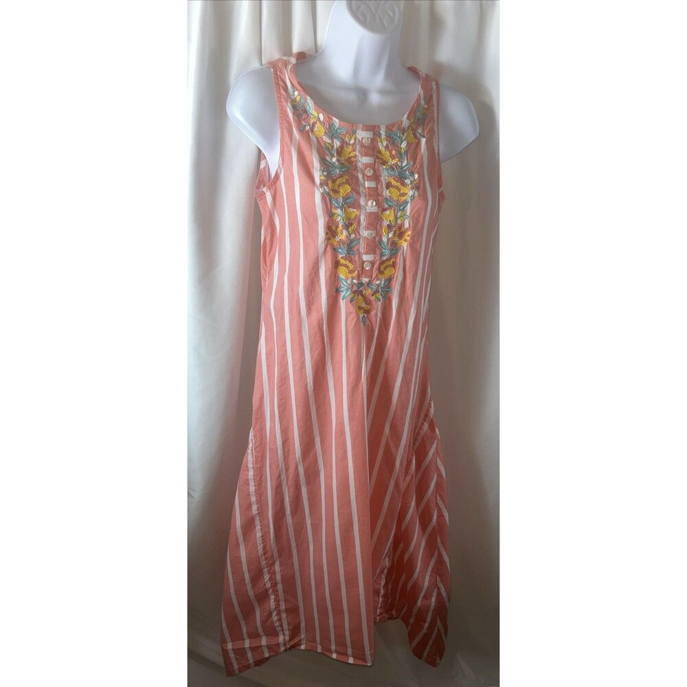 Sristhi Sleeveless Peach Stripped Floral Embroiled Asymmetrical Dress Size S